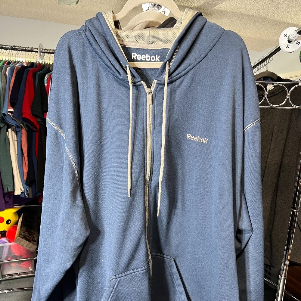 Reebok Blue Hoodie with Text Logo and Kangaroo Pocket SZ 4XL